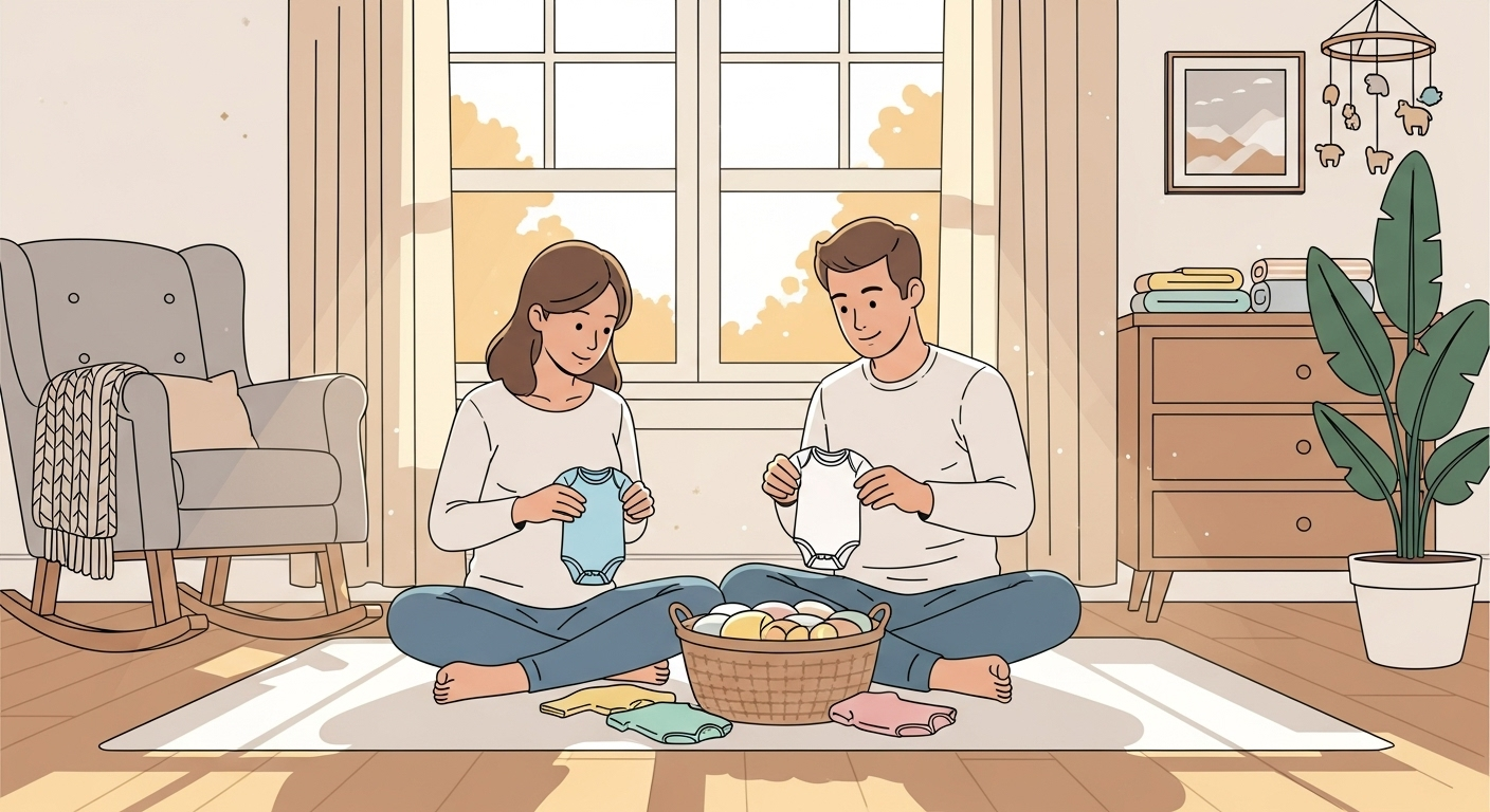 따뜻한 아기방에서 부모가 출산용품을 정리하는 모습은 아기를 맞이하기 위한 사랑과 세심한 준비 과정을 시각적으로 표현합니다.