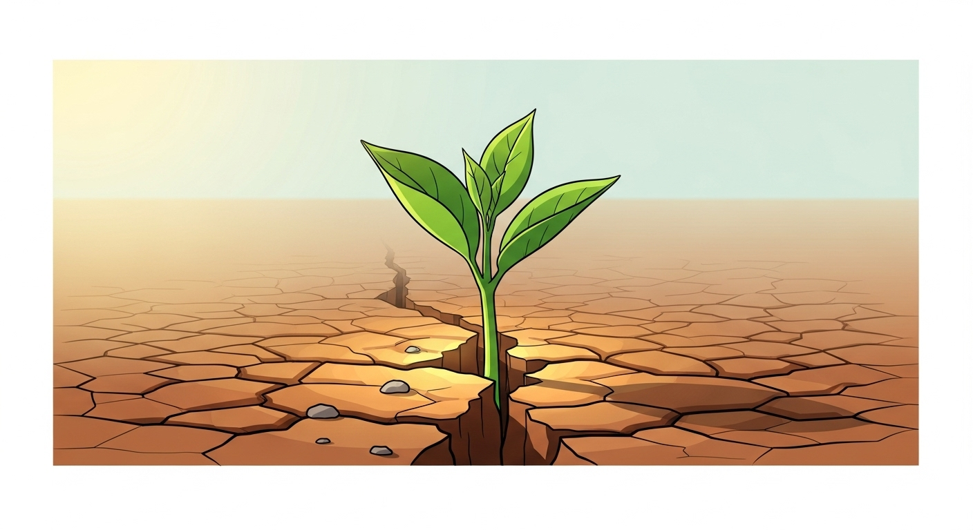 갈라진 마른 땅을 뚫고 돋아나는 새싹 일러스트는 과도한 채무를 딛고 새롭게 시작하는 희망을 시각적으로 표현합니다.