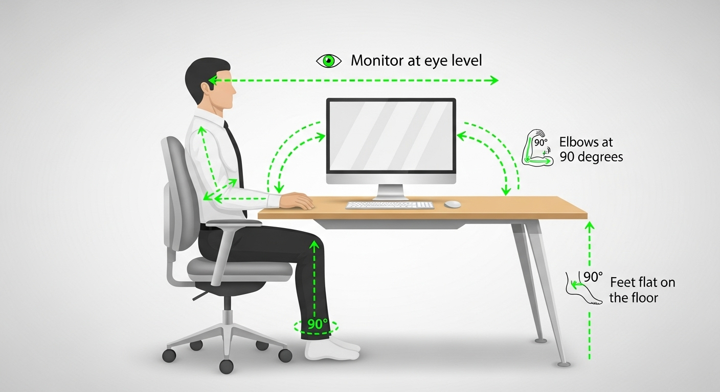 올바른 사무실 자세를 위한 책상, 의자, 모니터 세팅 인포그래픽