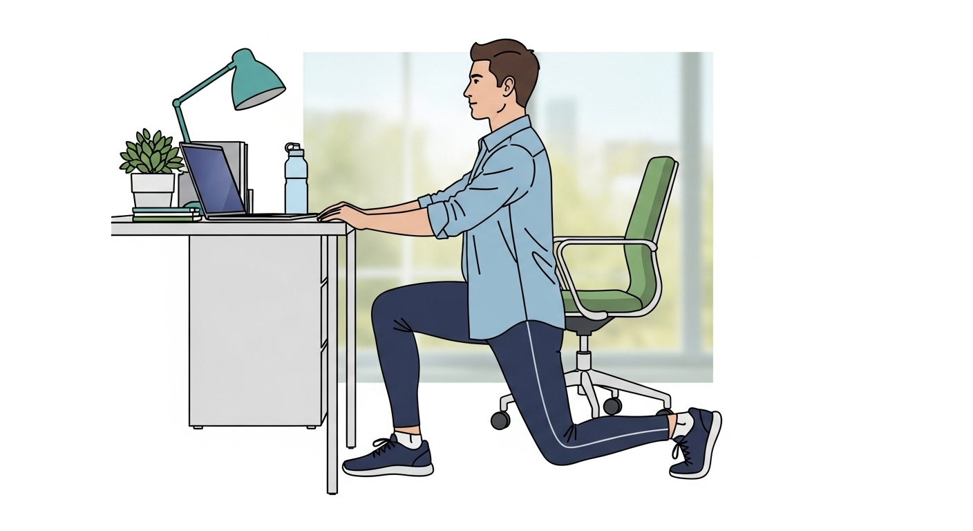 책상 옆에서 의자를 짚고 런지 자세를 하는 모습