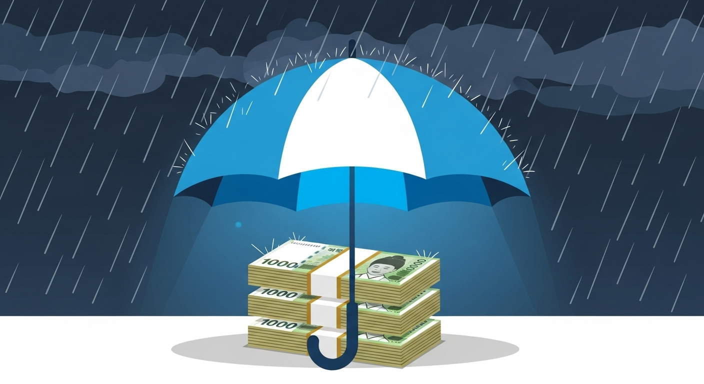 튼튼하고 커다란 우산이 현금 뭉치를 안전하게 보호하는 모습은 2025년부터 상향되는 예금자보호 한도를 통해 강화된 금융 안전성을 시각적으로 표현합니다.